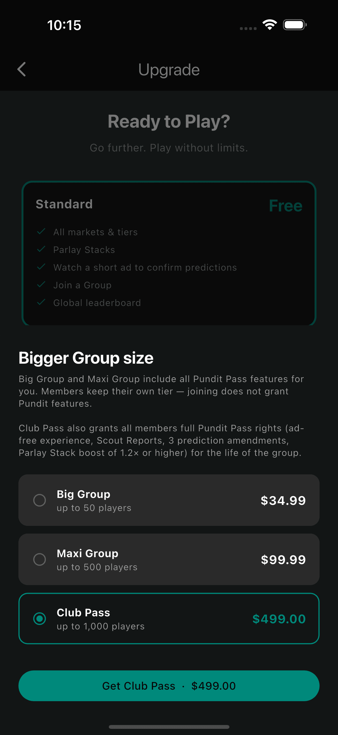 Club Pass upgrade screen in BallDuty WC '26