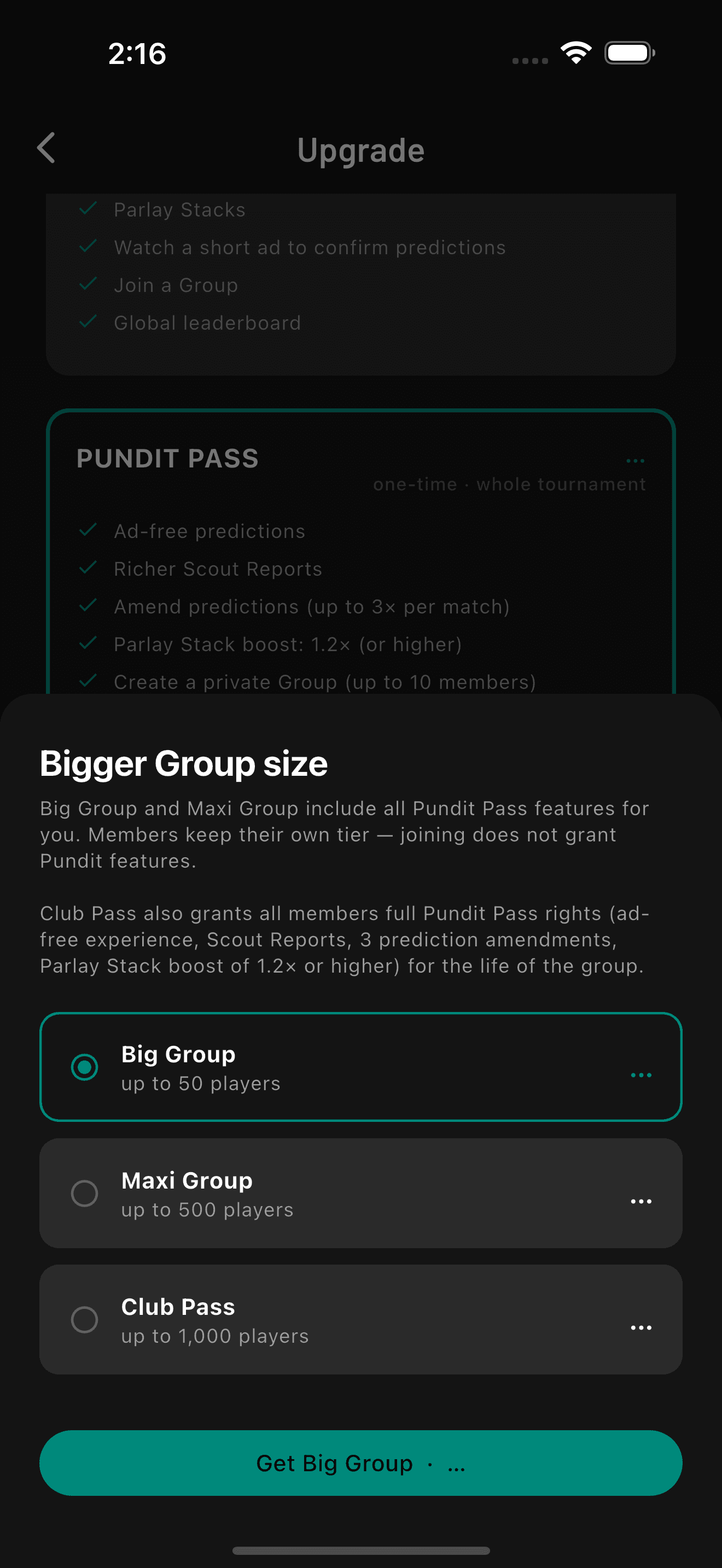 Big Group selected on the BallDuty Football '26 upgrade screen