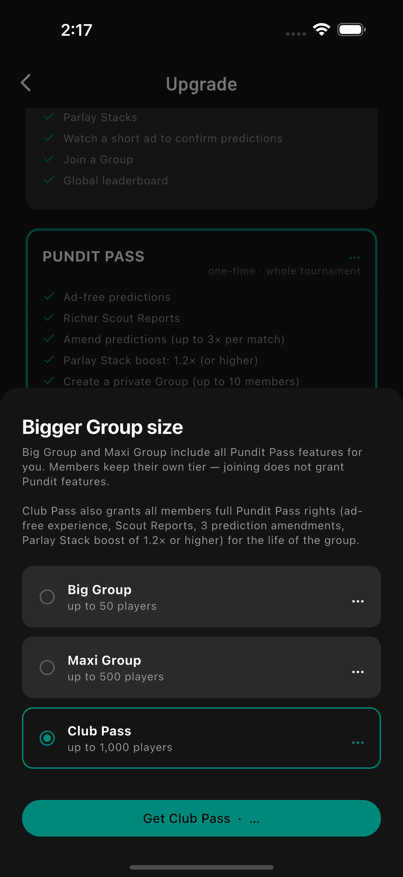 Club Pass selected on the BallDuty Football '26 upgrade screen