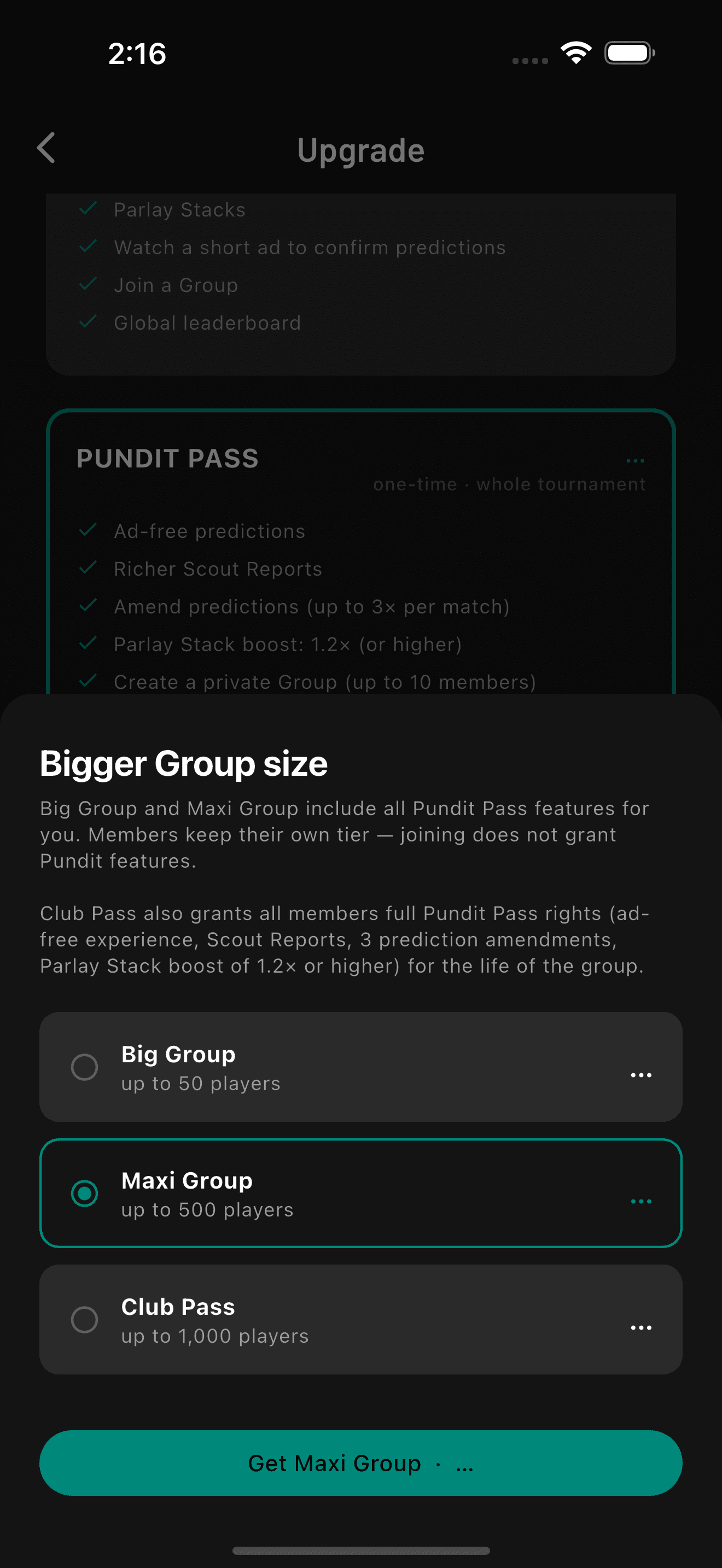 Maxi Group selected on the BallDuty Football '26 upgrade screen