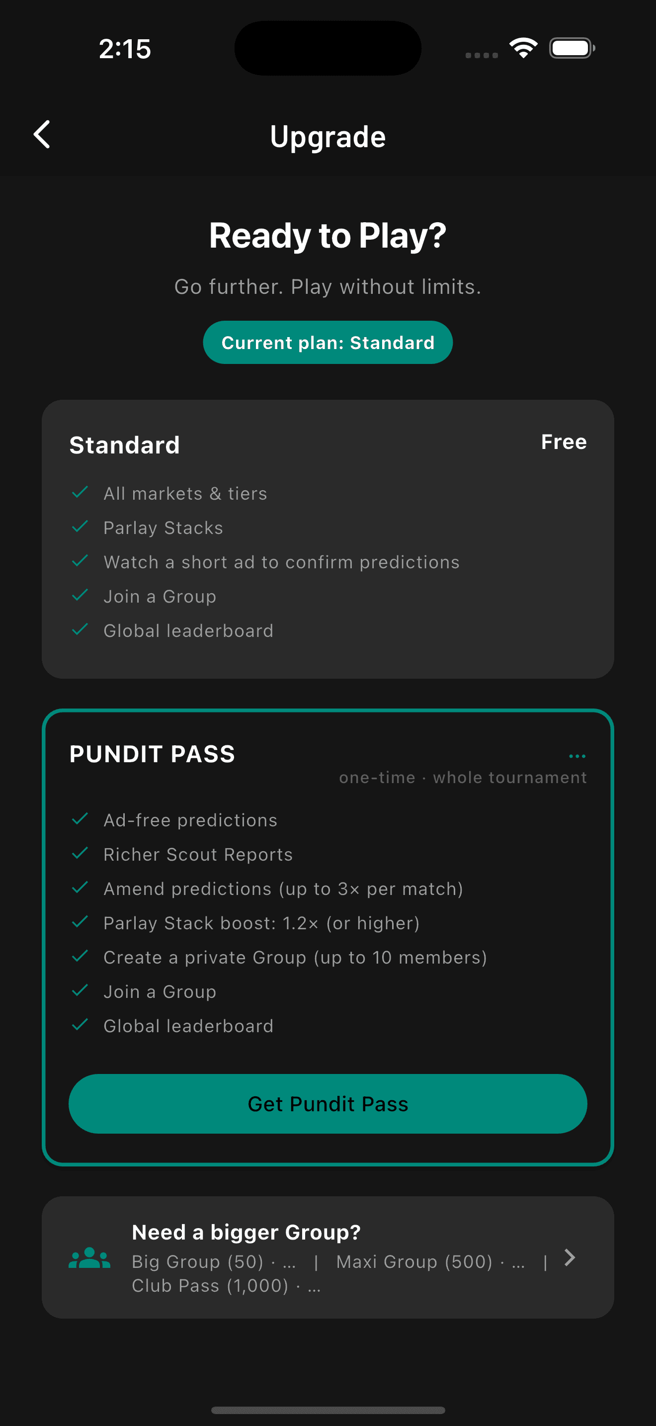 Pundit Pass selected on the BallDuty Football '26 upgrade screen